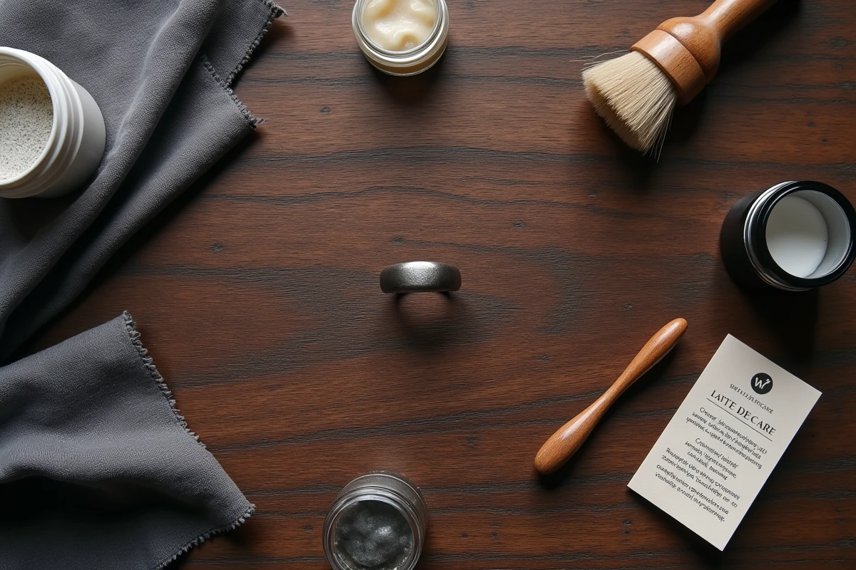 Mise à plat des accessoires d'entretien pour chevalière en argent massif homme sur bois foncé, incluant pâte nettoyante et chiffon poli
