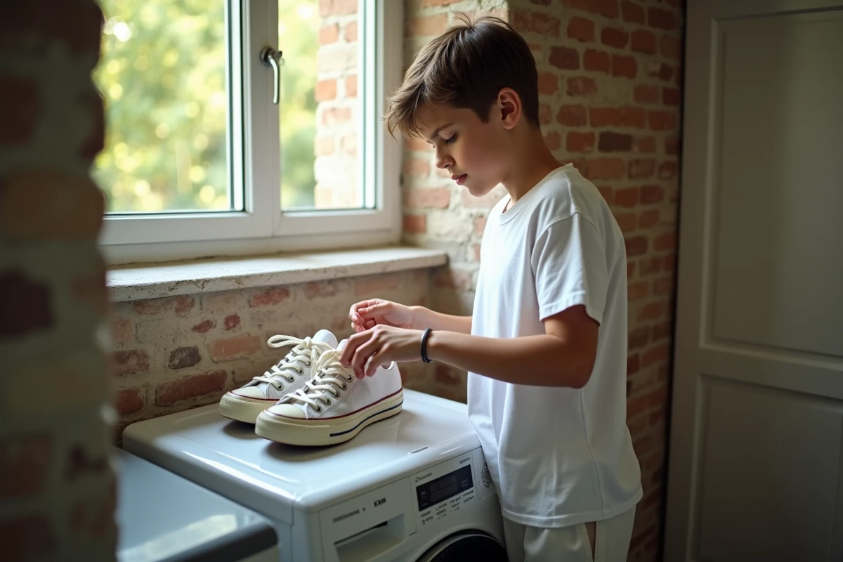 Adolescent vérifiant des sneakers dans la machine à laver