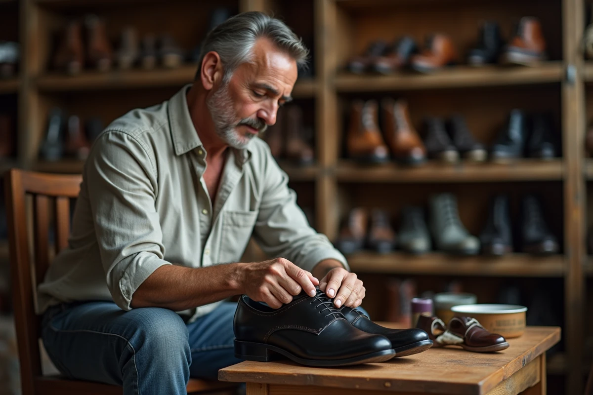 Homme appliquant de la cire sur une chaussure en cuir noir avec un chiffon doux dans un atelier de cordonnerie