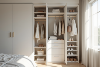 Armoire minimaliste ouverte avec 33 vêtements et accessoires