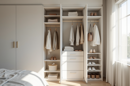 Armoire minimaliste ouverte avec 33 vêtements et accessoires