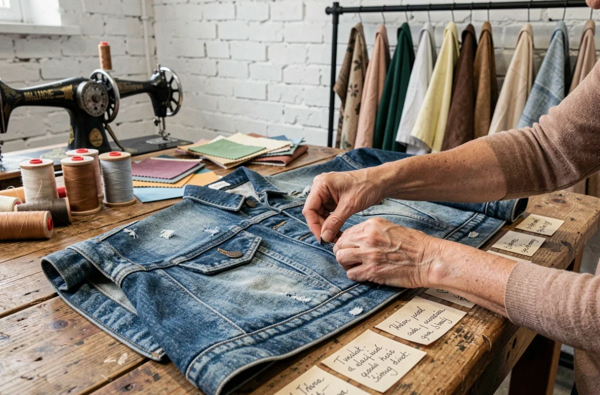 Mains d'une artisane inspectant les coutures d'une veste en denim upcyclé dans un atelier de mode éthique