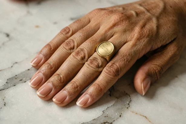 Bague chevalière femme à plateau ovale en or brossé portée sur l'index, mettant en valeur la forme élancée des doigts