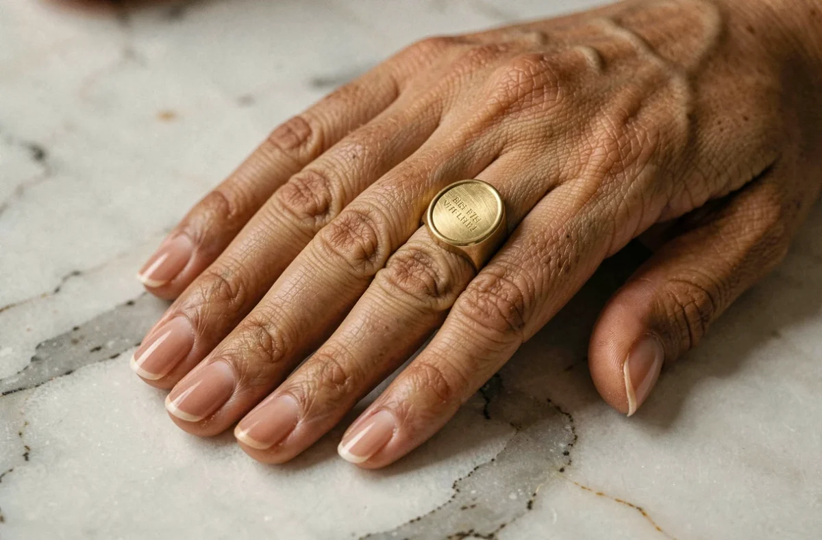 Bague chevalière femme à plateau ovale en or brossé portée sur l'index, mettant en valeur la forme élancée des doigts