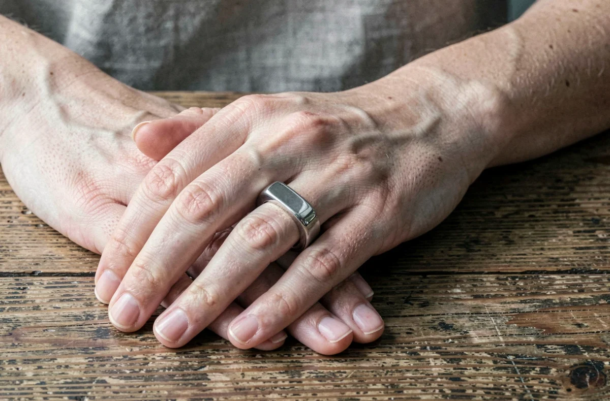 Chevalière femme rectangle en argent sterling portée sur l'annulaire, posée sur une table en bois naturel vieilli