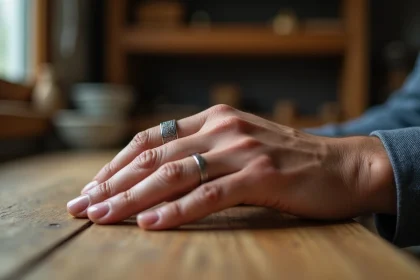 Gros plan d'une bague homme gravée minimaliste en argent portée sur une main masculine posée sur une table en chêne