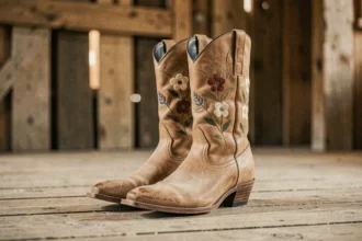 Paire de bottes cowboy western en cuir tan avec broderies florales posées sur un plancher en bois vieilli de grange