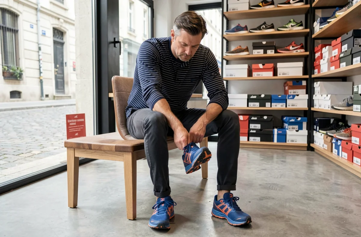 Homme essayant des baskets de trail dans une boutique de sneakers contemporaine en Bretagne avec vue sur une rue pavée