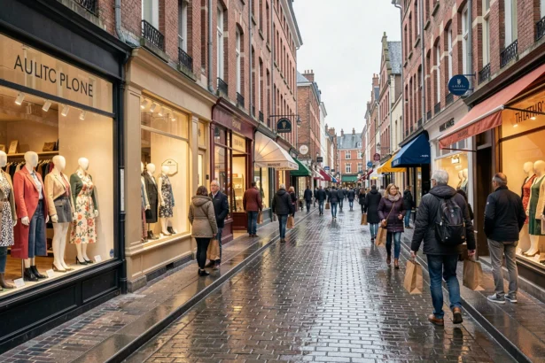 Rue commerçante animée des Hauts-de-France avec vitrines de mode et architecture flamande