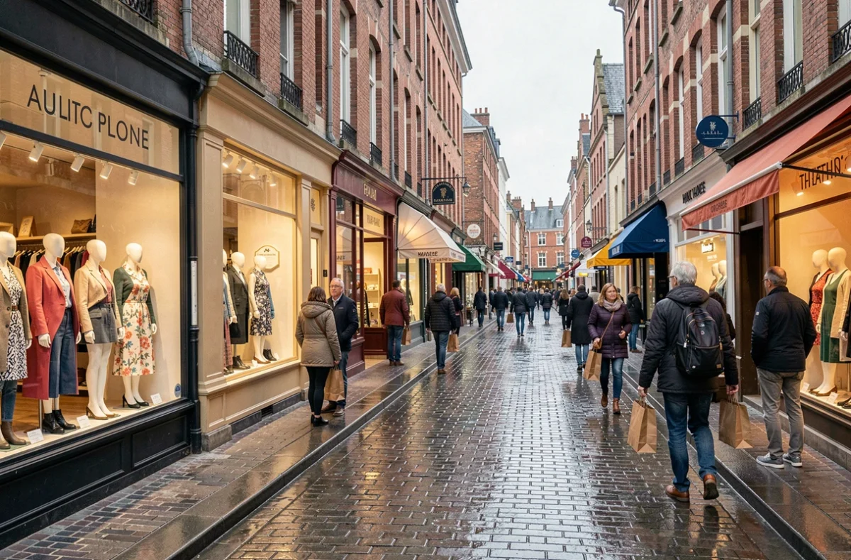 Rue commerçante animée des Hauts-de-France avec vitrines de mode et architecture flamande