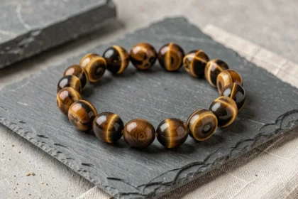 Gros plan sur un vrai bracelet homme œil du tigre avec reflets chatoyants sur ardoise naturelle
