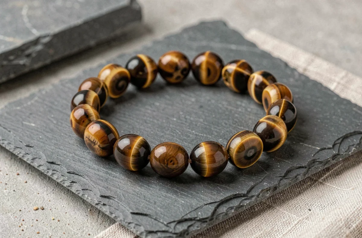 Gros plan sur un vrai bracelet homme œil du tigre avec reflets chatoyants sur ardoise naturelle