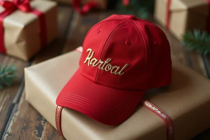 Casquette rouge style américain posée sur une table en bois avec emballage cadeau kraft, vue de dessus
