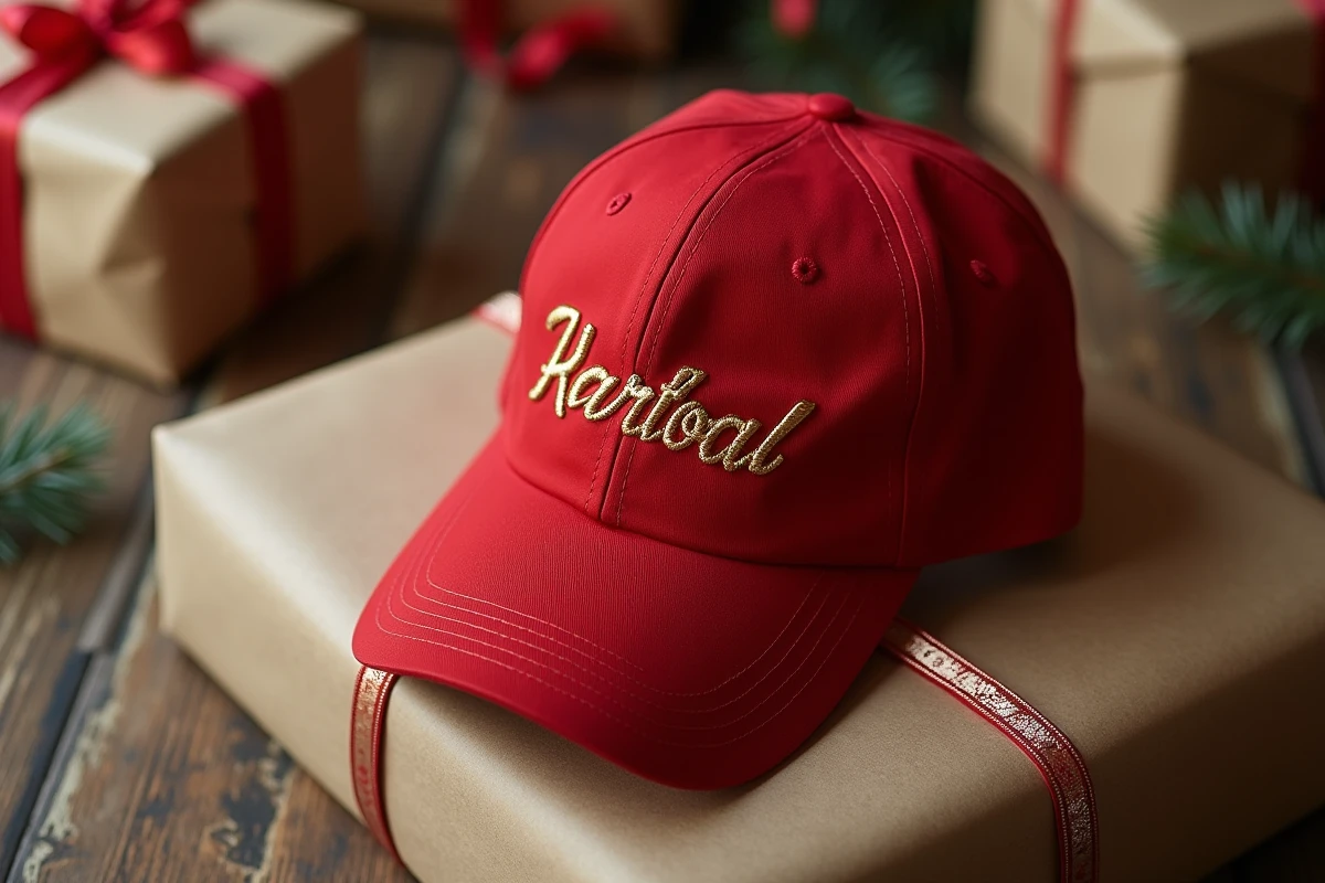 Casquette rouge style américain posée sur une table en bois avec emballage cadeau kraft, vue de dessus