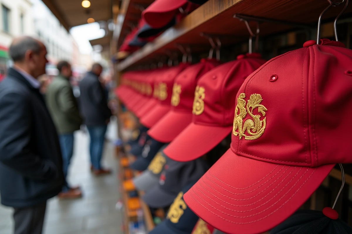 Étal de marché avec des casquettes rouges à slogans politiques exposées, passants curieux dans un contexte de rue urbaine