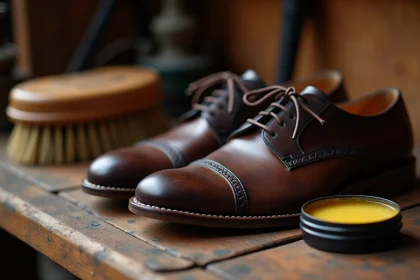 Chaussures en cuir brun foncé posées sur un établi en bois avec un pot de cirage ouvert et une brosse en soie naturelle