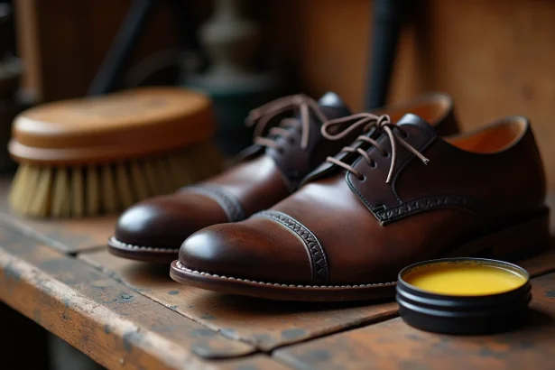 Chaussures en cuir brun foncé posées sur un établi en bois avec un pot de cirage ouvert et une brosse en soie naturelle