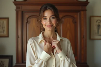 Femme portant un chemisier en soie ivoire à col pointu dans un dressing parisien vintage, illustrant l'élégance classique du chemisier