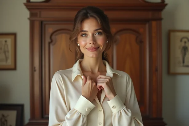 Femme portant un chemisier en soie ivoire à col pointu dans un dressing parisien vintage, illustrant l'élégance classique du chemisier