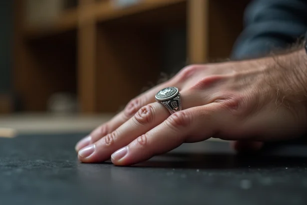 Main d'homme portant une chevalière en argent massif avec gravure, posée sur une ardoise sombre dans un atelier de bijouterie