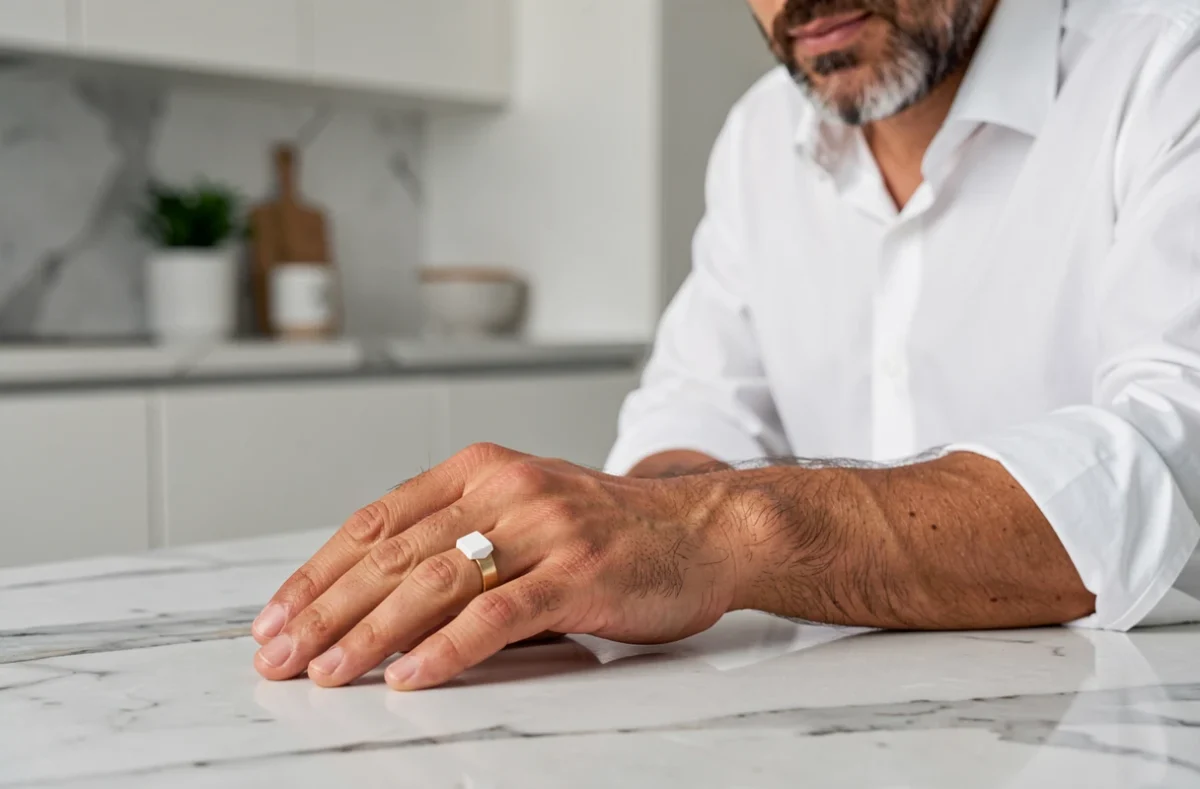 Homme en chemise blanche avec chevalière en or blanc à design géométrique sur comptoir en marbre moderne