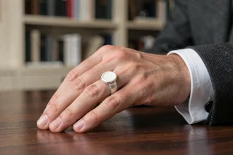 Chevalière en or blanc portée par un homme en costume gris sur un bureau en acajou, style élégant et raffiné