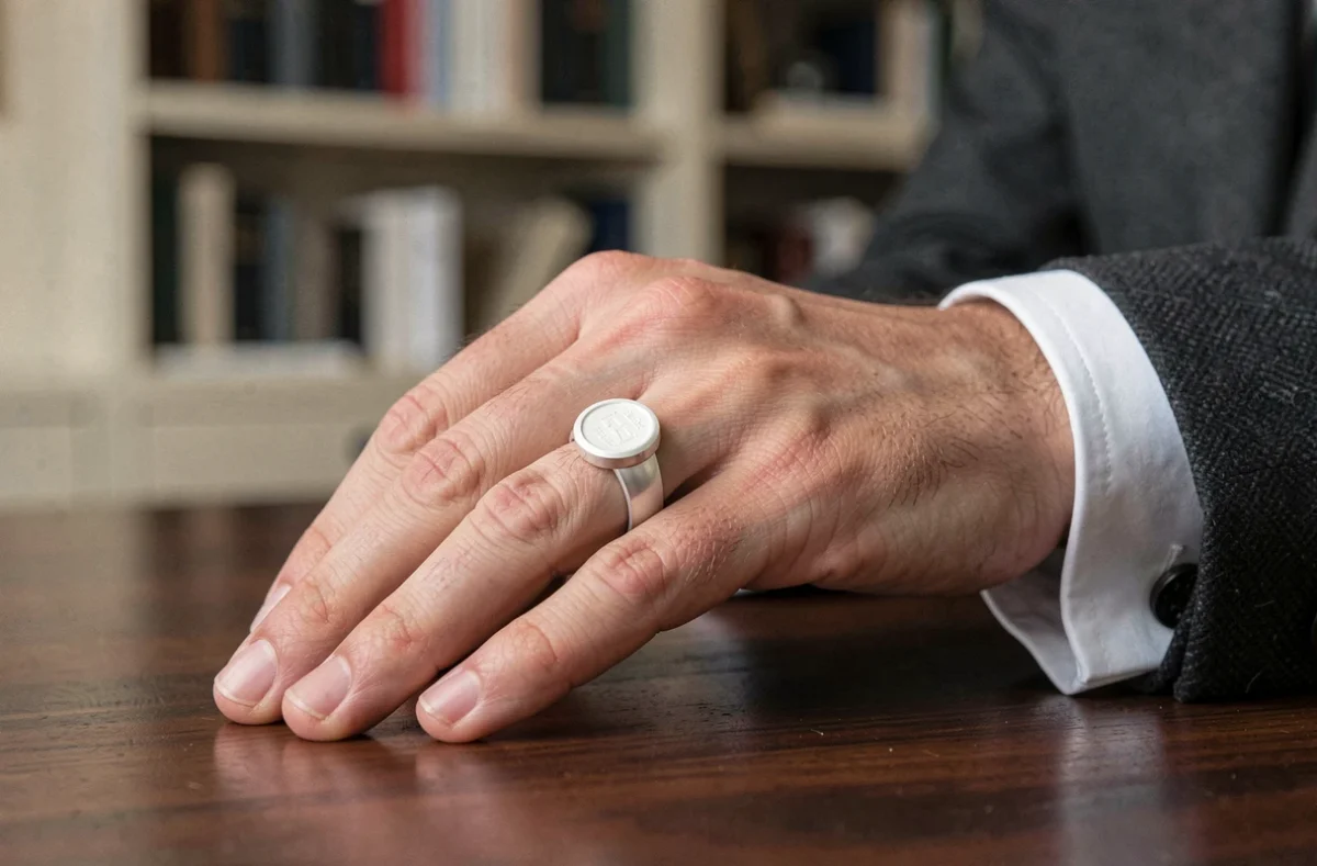 Chevalière en or blanc portée par un homme en costume gris sur un bureau en acajou, style élégant et raffiné