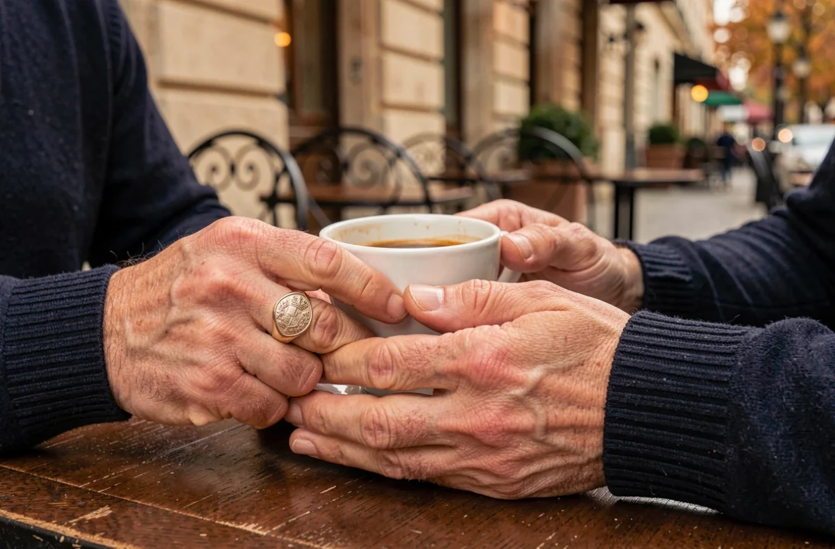 Chevalière en or blanc gravée blason portée avec un pull marine autour d'un café sur une terrasse parisienne