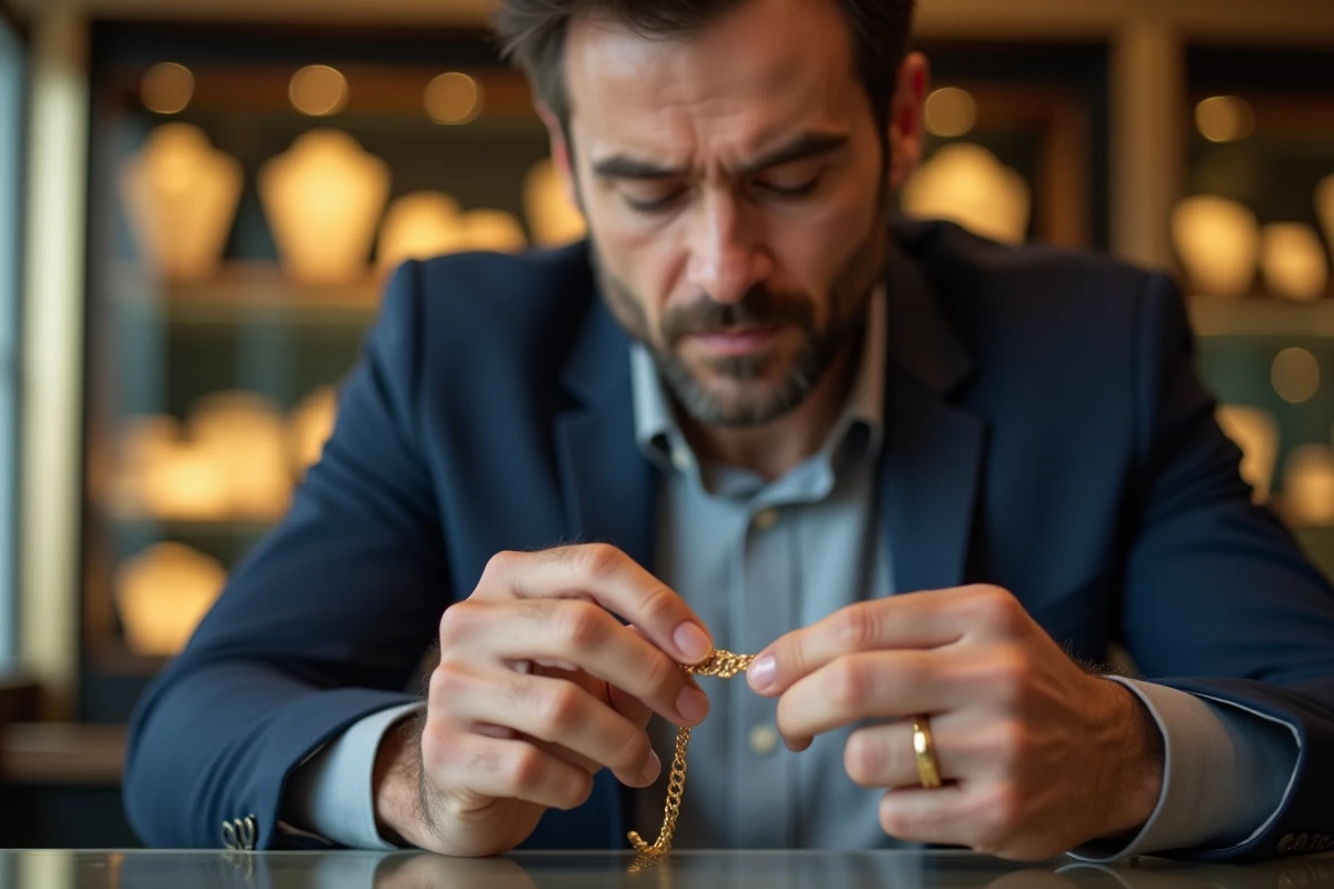 Client examinant attentivement une chaîne en or 18 carats chez un bijoutier avant de négocier le prix d'achat