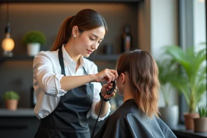 Jeune coiffeuse en action dans un salon moderne