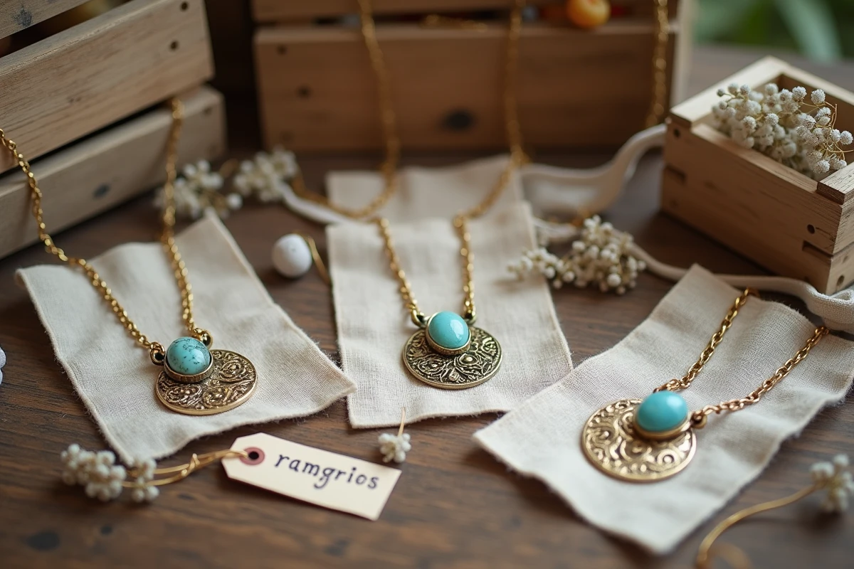 Collection de bolas de grossesse originaux artisanaux disposés en flat-lay sur bois avec fleurs séchées