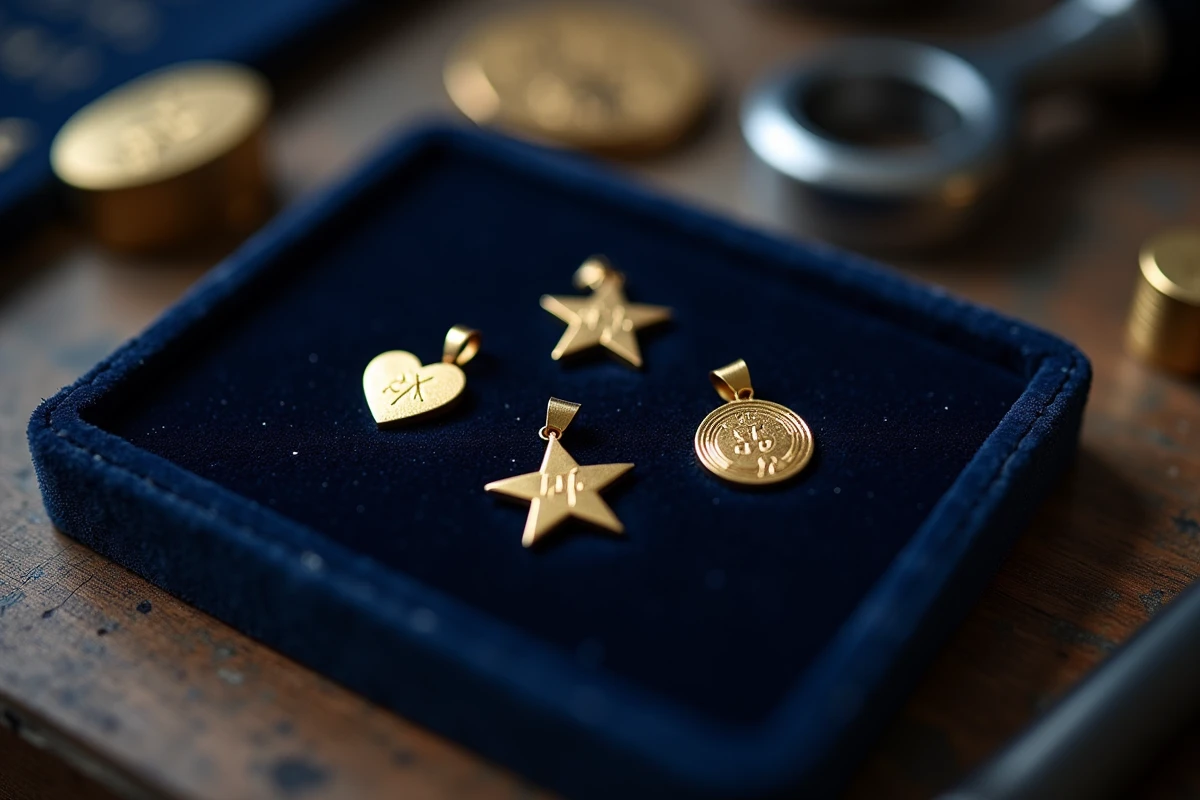 Trois pendentifs en or pour enfant de formes différentes gravés exposés sur un plateau en velours bleu marine dans un atelier bijouterie