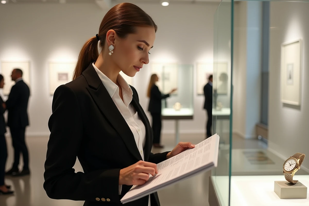 Collectionneuse examinant une montre rare lors d'une exposition de prévisualisation avant une vente aux enchères de luxe