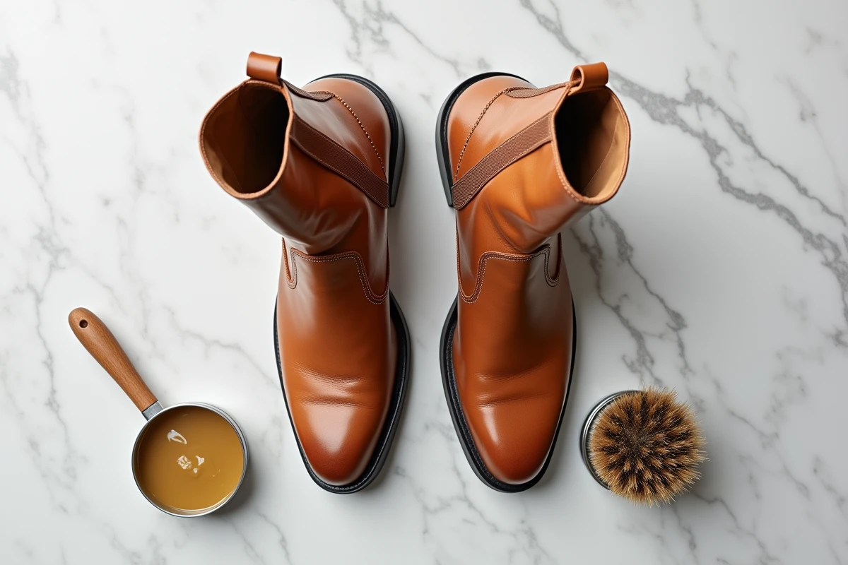 Comparaison avant-après d'une paire de bottines en cuir tan, l'une sèche et craquelée, l'autre nourrie et brillante après cirage