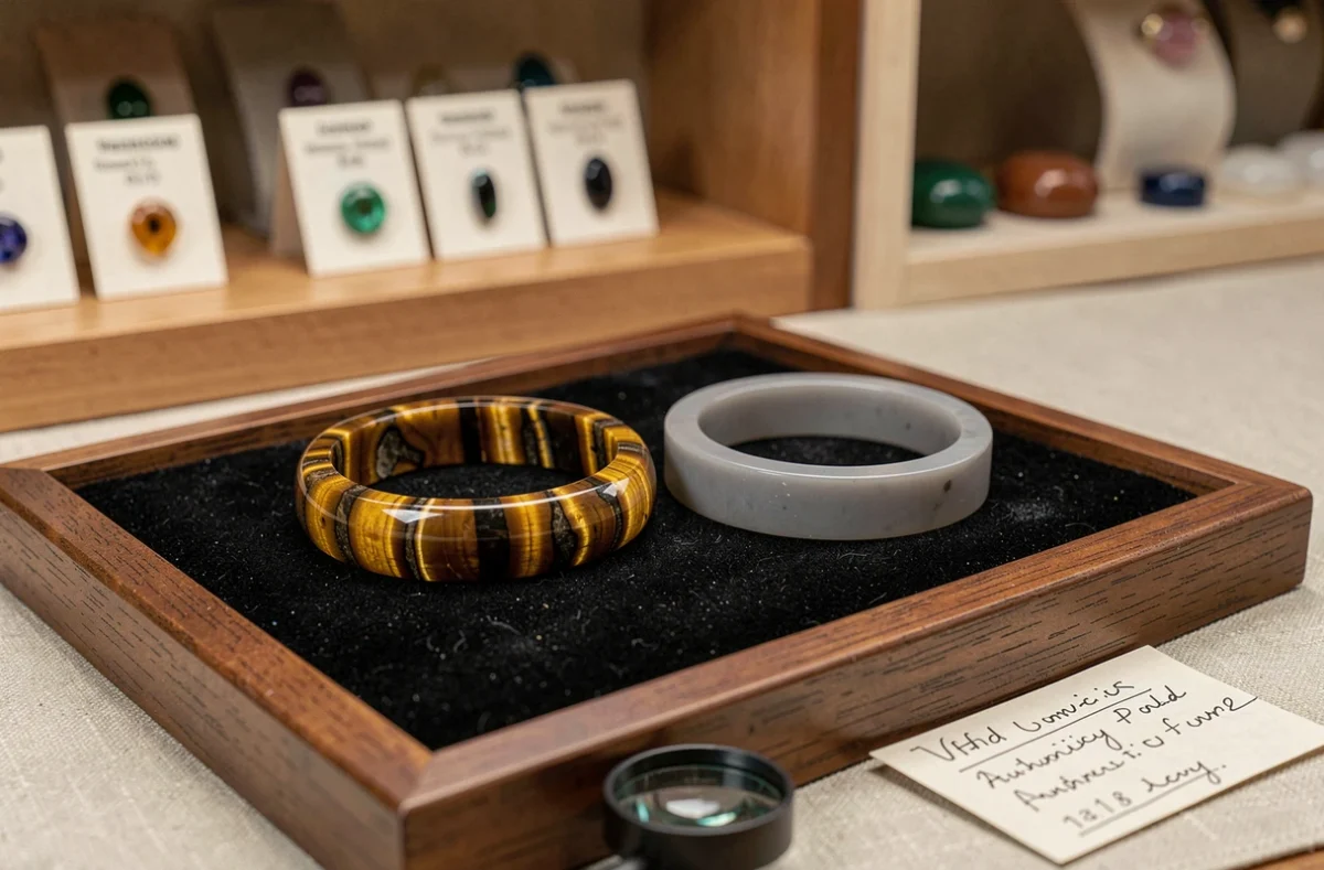 Comparaison entre un vrai et un faux bracelet œil du tigre sur plateau de bijoutier en velours sombre
