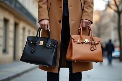 Comparaison des tailles Hermès Birkin 30 et 25 tenus côte à côte par une femme élégante dans une rue parisienne en automne