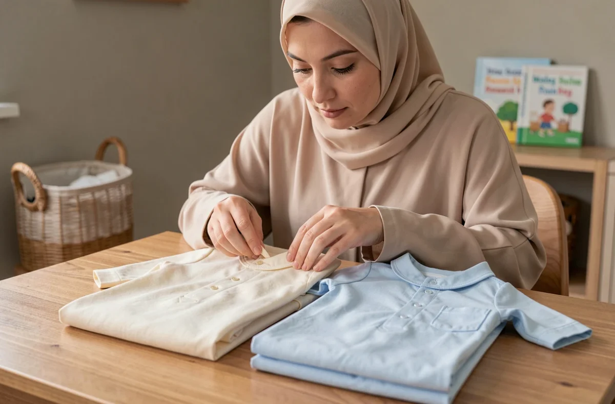 Mère comparant deux qamis enfant de qualité différente sur une table, examinant les coutures et le tissu