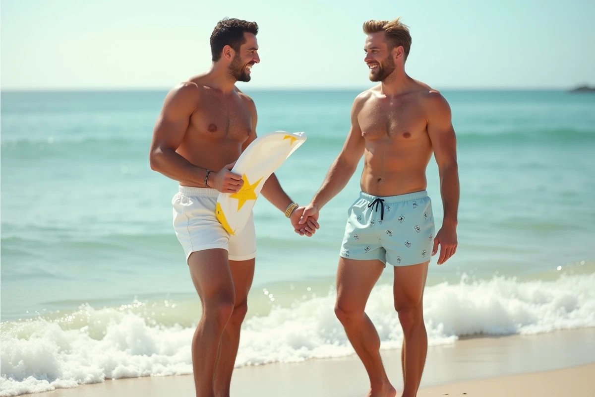 Deux hommes comparant des shorts de bain Ricard différents au bord de la mer sur une plage de sable
