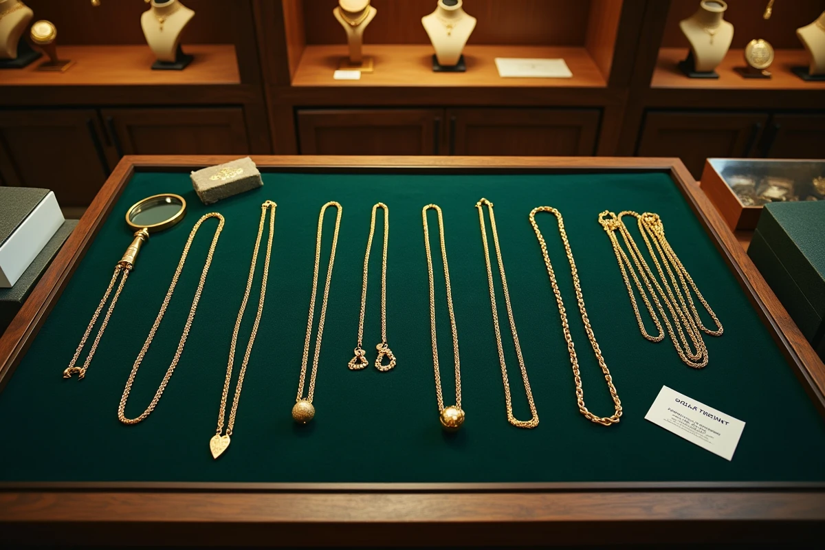 Vue aérienne d'un comptoir de bijouterie avec plusieurs chaînes en or 18 carats et accessoires d'évaluation pour négocier un achat