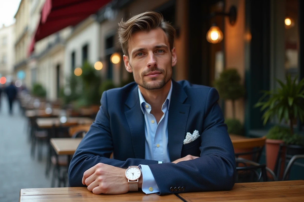 Homme élégant en costume bleu marine montrant une montre minimaliste à cadran blanc attablé dans un café parisien