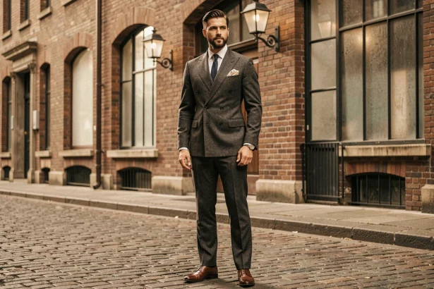 Homme en costume années 30 double boutonnage en laine hérringbone, style Gatsby sur rue pavée vintage