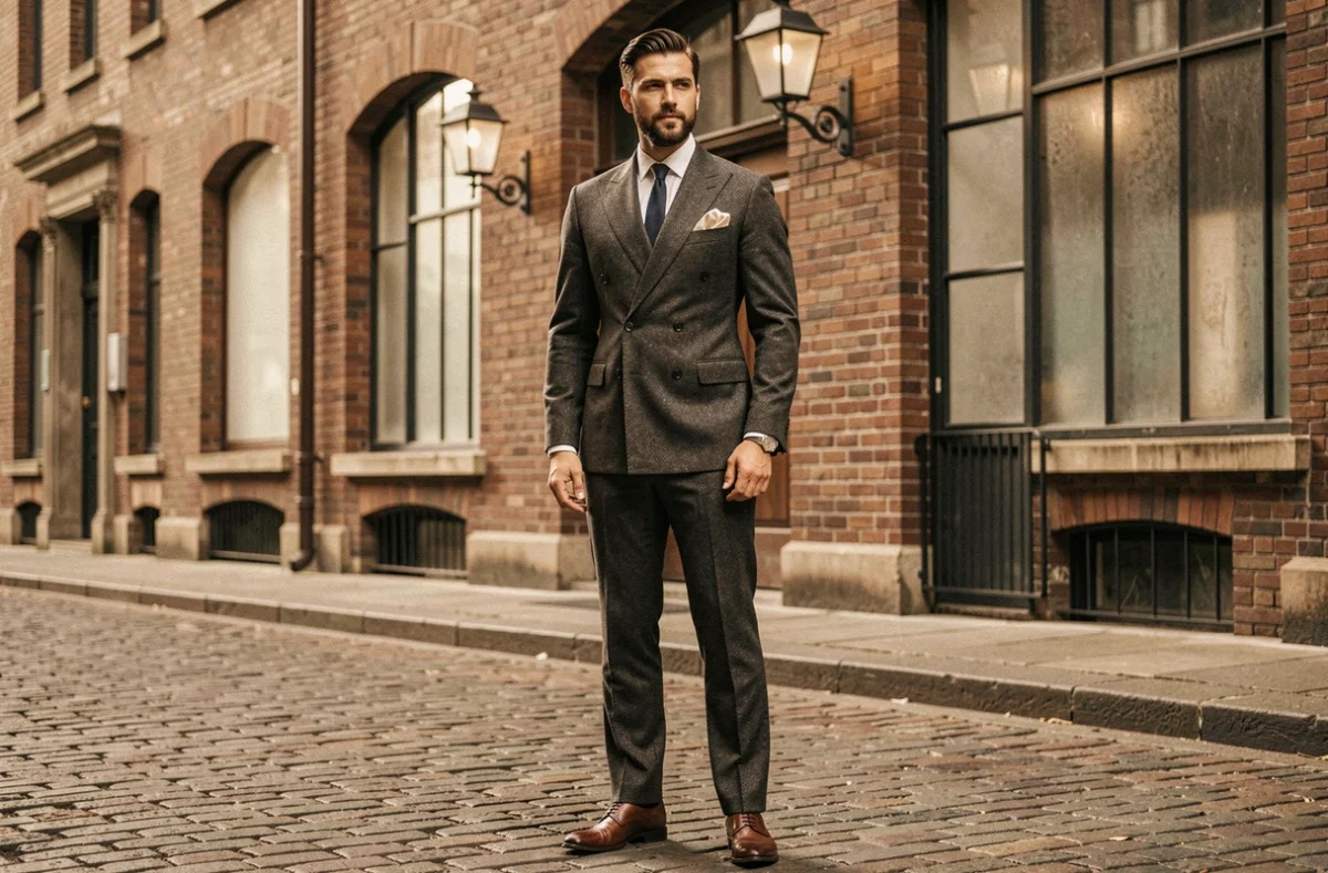 Homme en costume années 30 double boutonnage en laine hérringbone, style Gatsby sur rue pavée vintage
