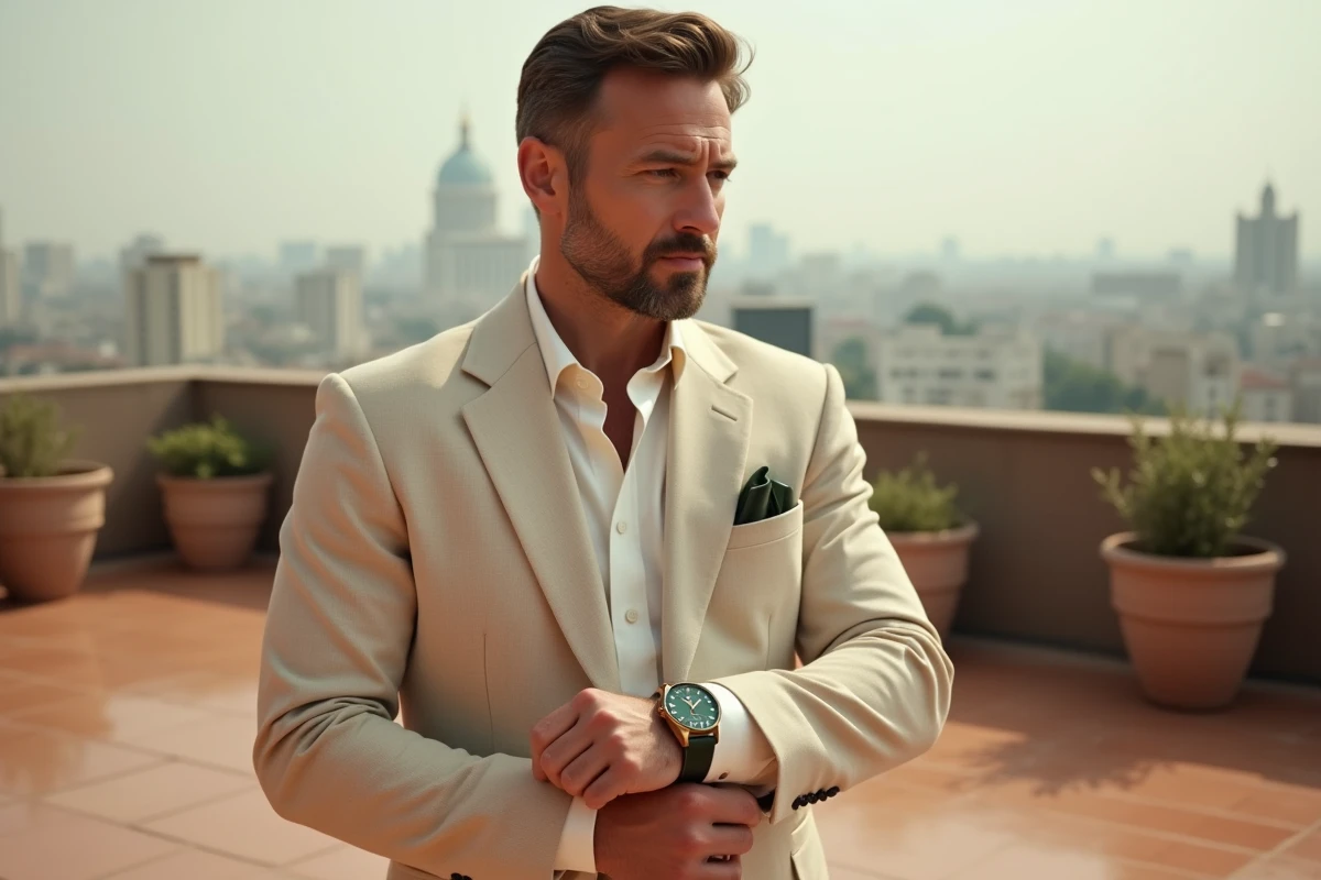 Homme en costume lin beige portant une montre plongée vintage cadran vert sur une terrasse avec vue sur la ville