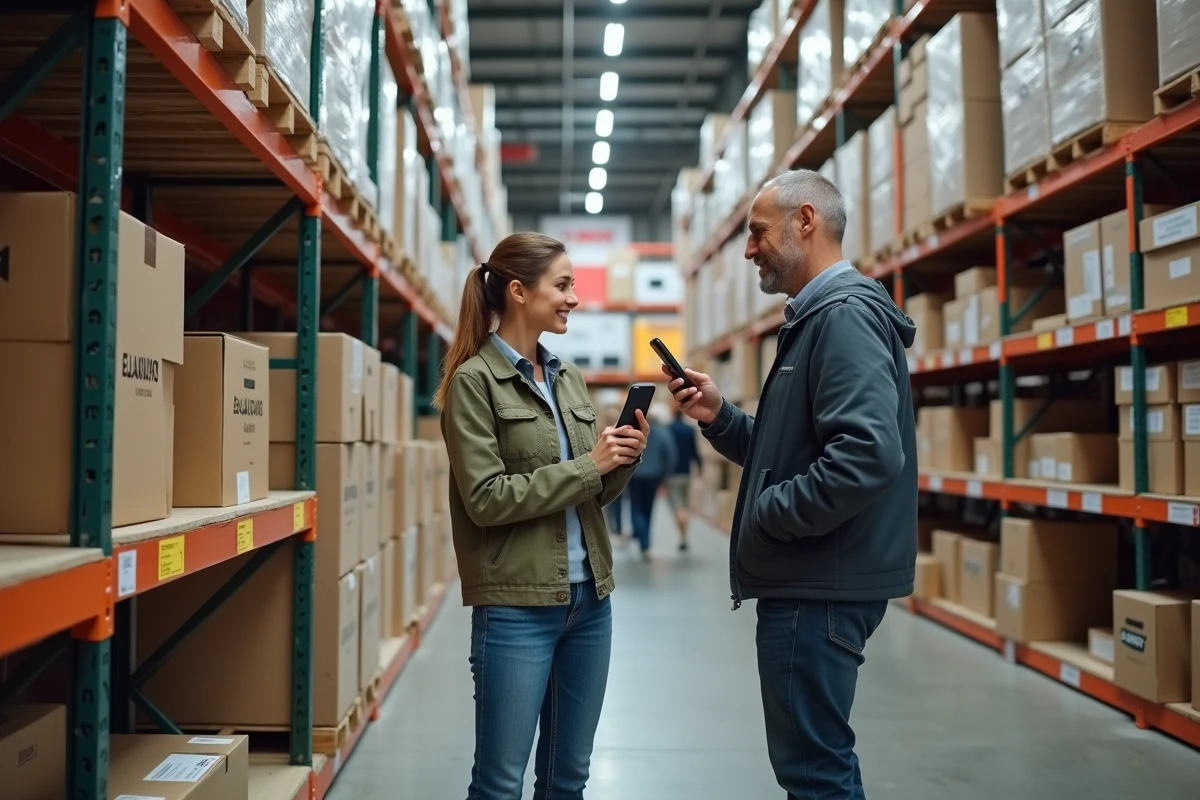 Couple évaluant des offres de déstockage sur des appareils électroniques dans un grand magasin entrepôt