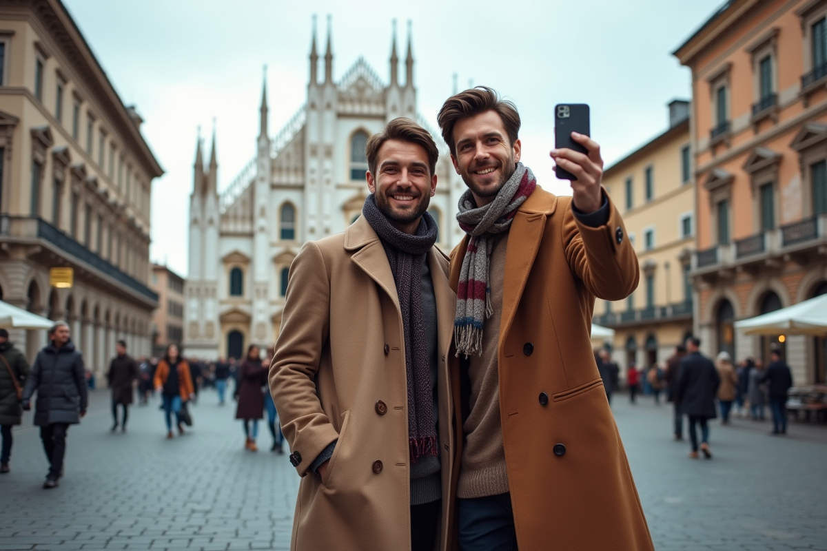 Couple homme en streetwear prenant un selfie dans une place