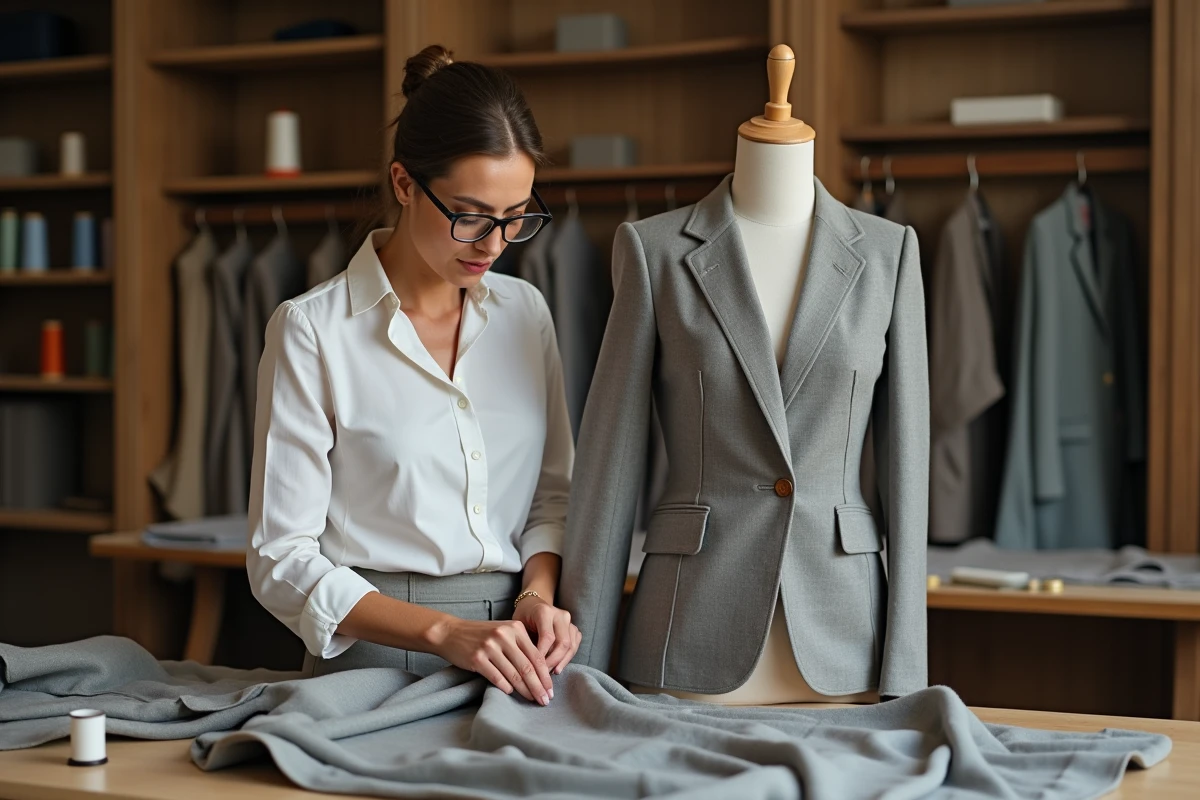 Couturière professionnelle en atelier épinglant un blazer sur un mannequin de couture, avec outils et fils visibles sur la table de travail