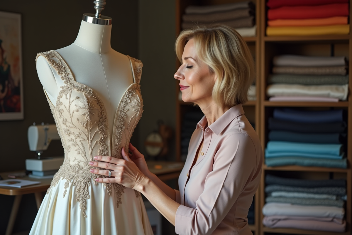 Créatrice de mode examinant une robe de soirée en atelier