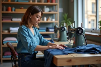 Femme couturiere ajustant un pantalon dans un atelier toulousain