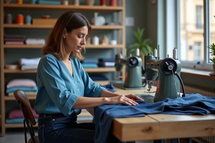 Femme couturiere ajustant un pantalon dans un atelier toulousain