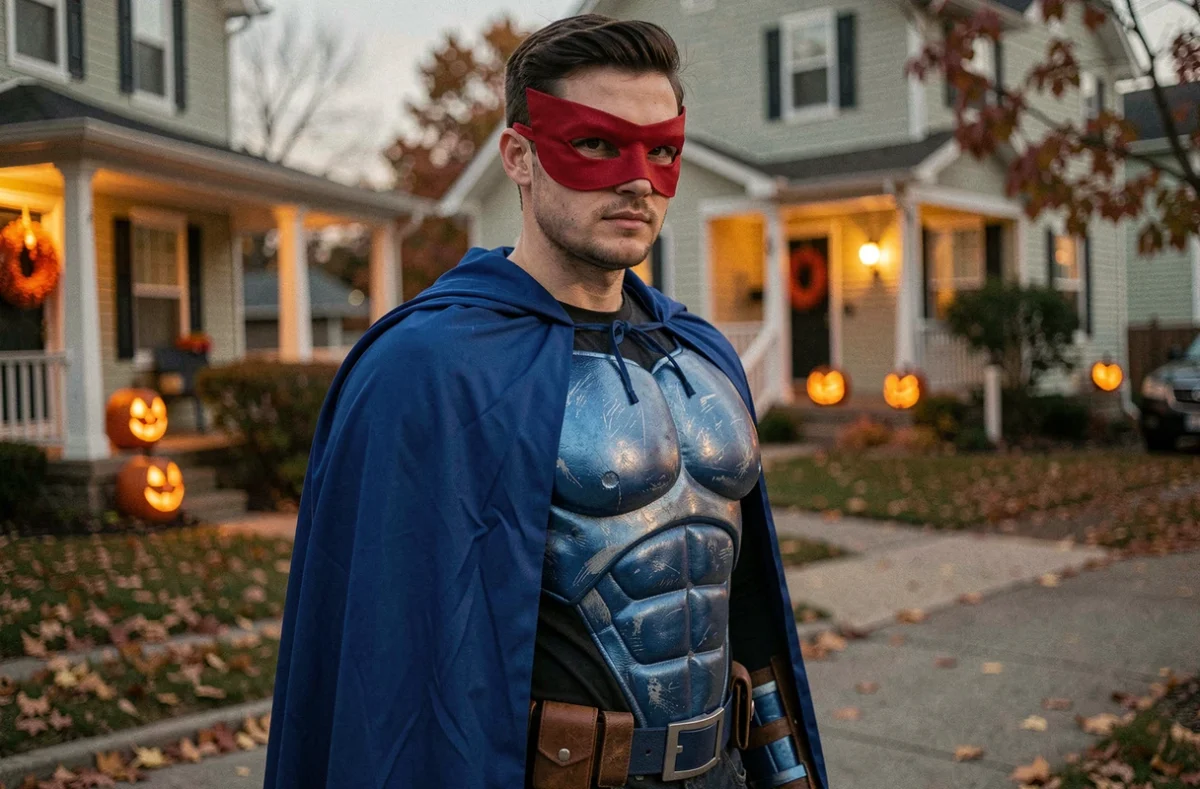 Jeune homme déguisé en super-héros fait maison avec cape bleue et masque rouge lors d'une soirée Halloween dans une rue résidentielle